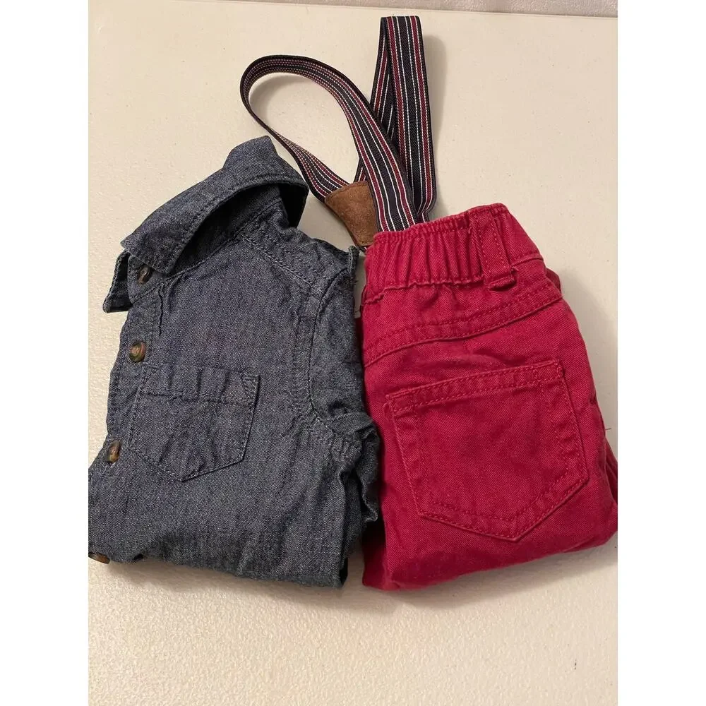 Carters baby 2 piece‎ denim top snap closure red suspender pants 3 month set